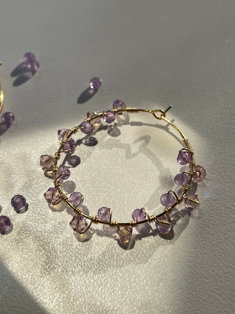 Purple Amethyst with 14k Gold filled wire wrap - Stainless Steel Hoops