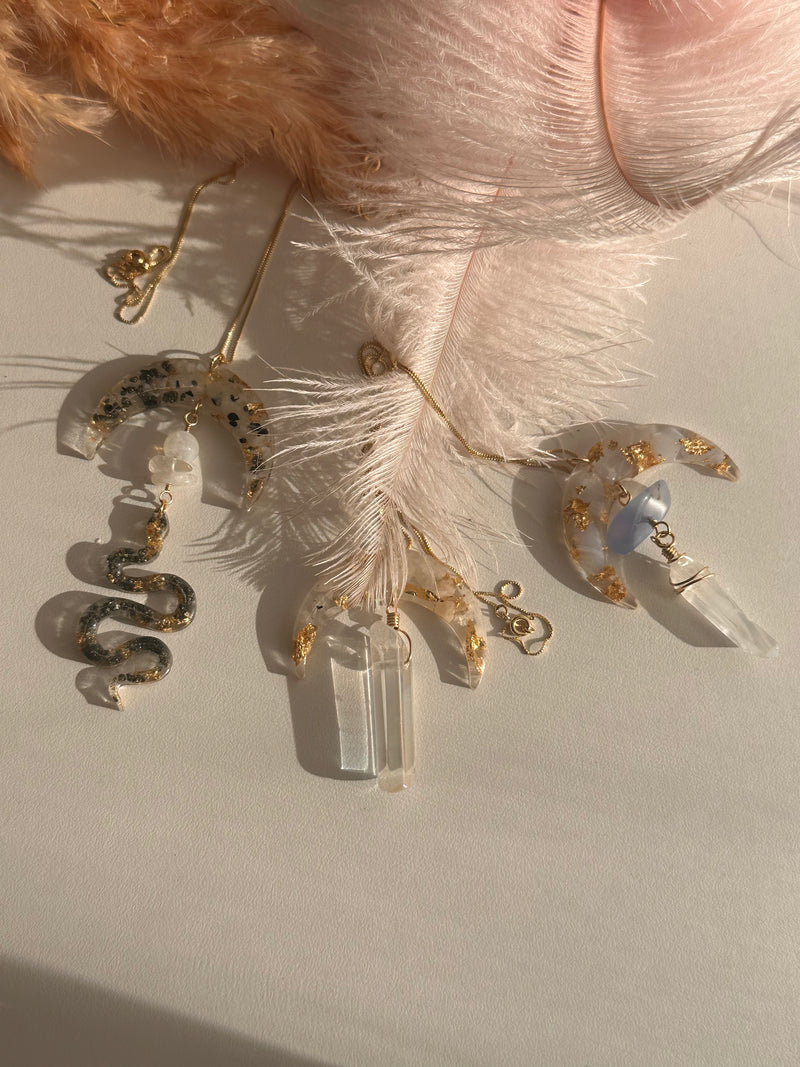 “Crescent Moon” Blue Lace Agate, Blue Chalcedony, Aura Quartz Water Resistant Necklace