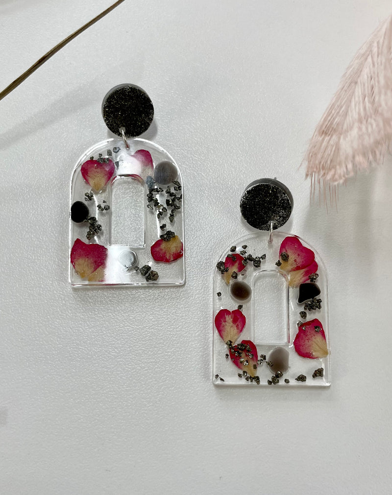 “Goddess of Earth” Pyrite, Black Obsidian and Roses Studs