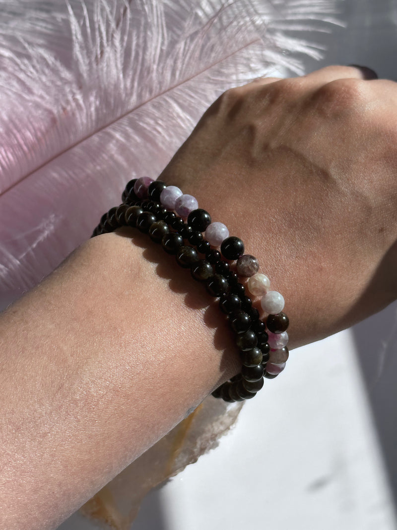 Black obsidian with gold sheen 6mm 7.5” Crystal Healing Elastic Bracelet