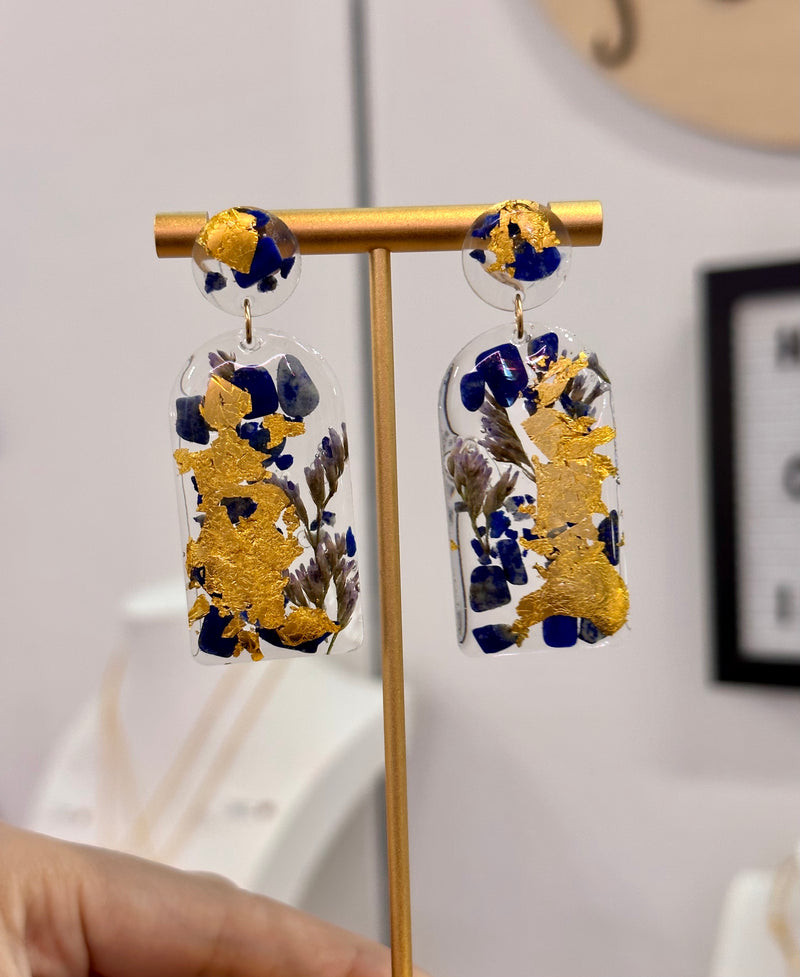 24k Gold Flakes Real Flowers Lapis Lazuli Studs