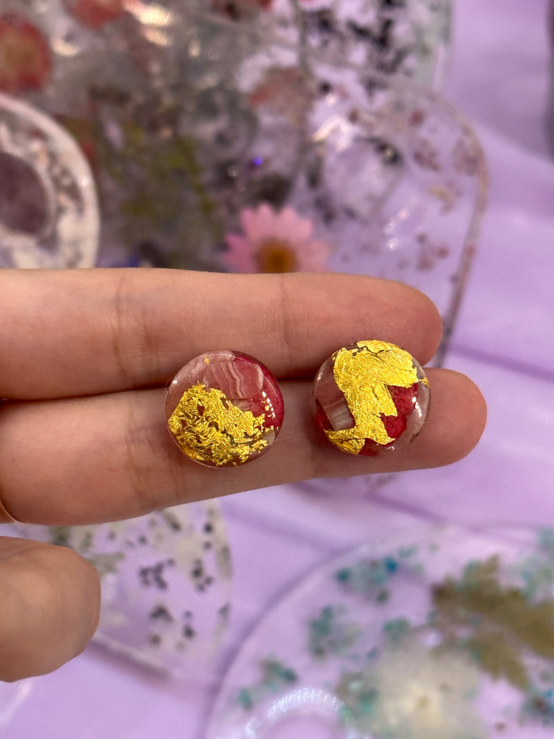 24k Gold Flakes Rhodochrosite, Rose Quartz and Roses Circle Studs