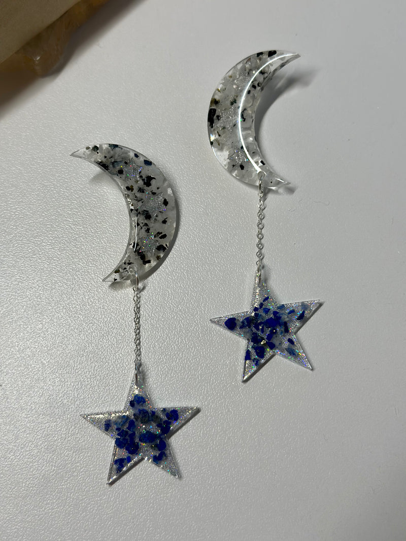 “Celestial Night" Holographic Moonstone & Lapis Lazuli Earrings
