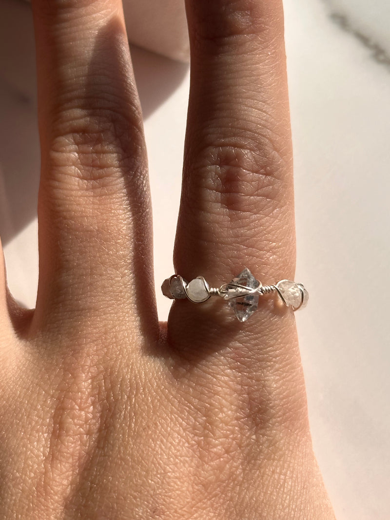 Herkimer Diamond & Moonstone Sterling Silver Wire Ring