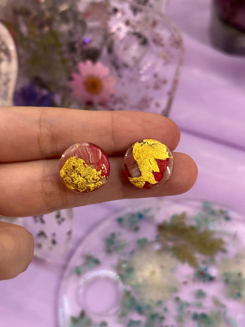 24k Gold Flakes Rhodochrosite, Rose Quartz and Roses Circle Studs