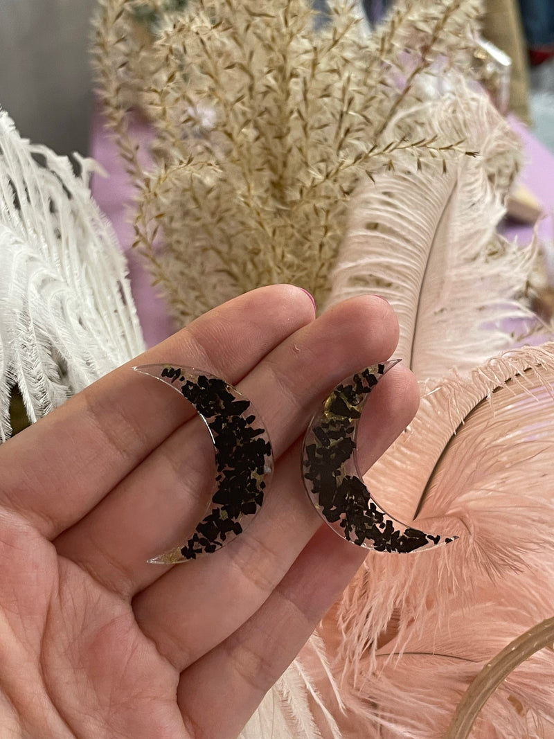 “La Luna” Black Tourmaline Moon Studs