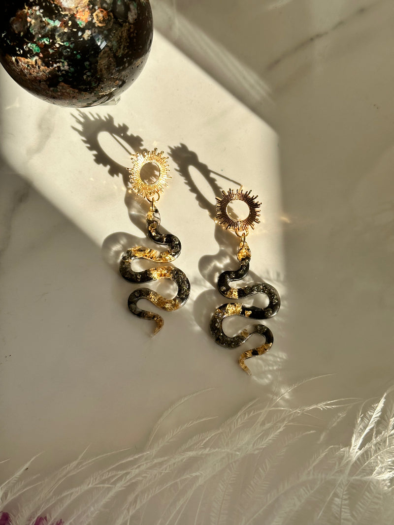 "The Feminine" Pyrite Snake & Sun Earrings