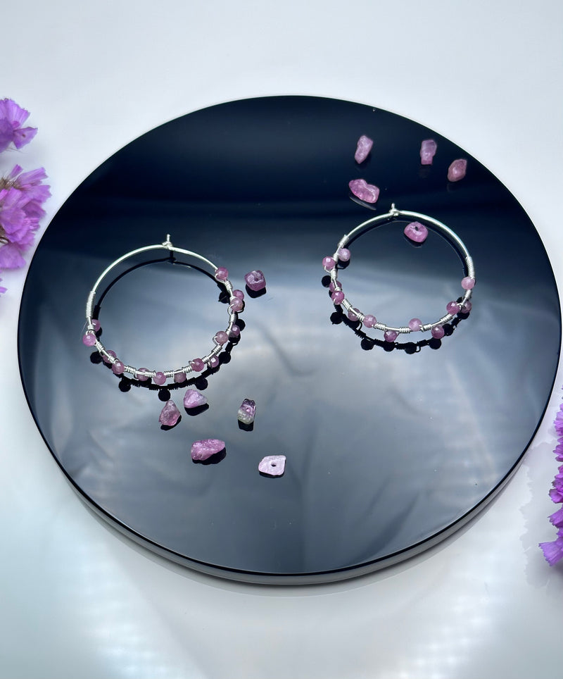 Wired Pink Tourmaline and Sterling Silver Hoop