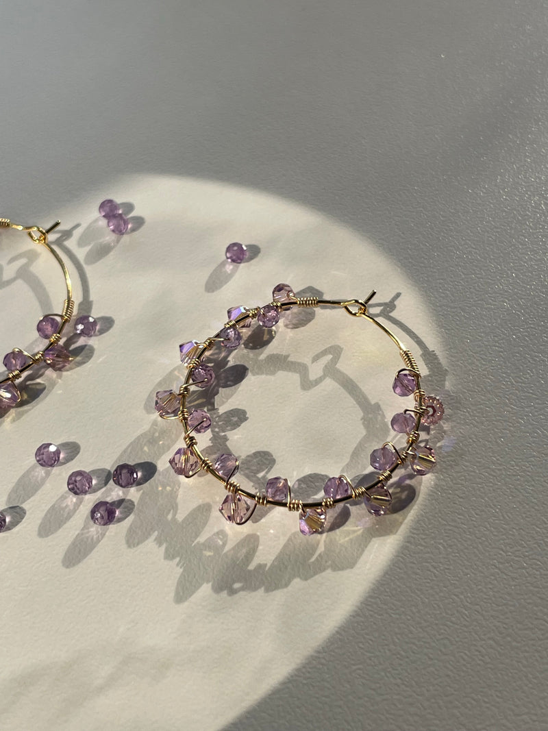 Purple Amethyst with 14k Gold filled wire wrap - Stainless Steel Hoops