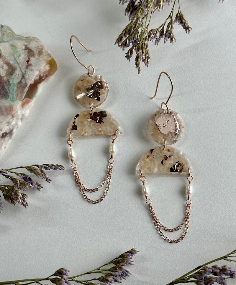 “Peaches and Cream” Peach Moonstone & Pearls Wire Earrings