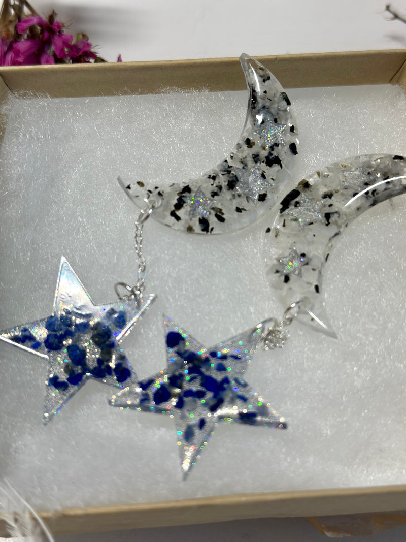 “Celestial Night" Holographic Moonstone & Lapis Lazuli Earrings