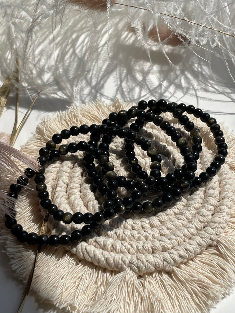 Black obsidian with gold sheen 6mm 7.5” Crystal Healing Elastic Bracelet