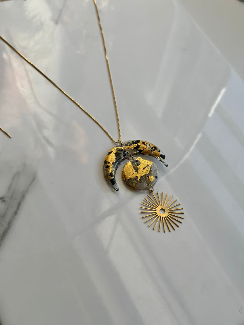 "Balanced Goddess" Real 24k Gold flakes, Shungite, Black Tourmaline and Moonstone Gold Filled Necklace
