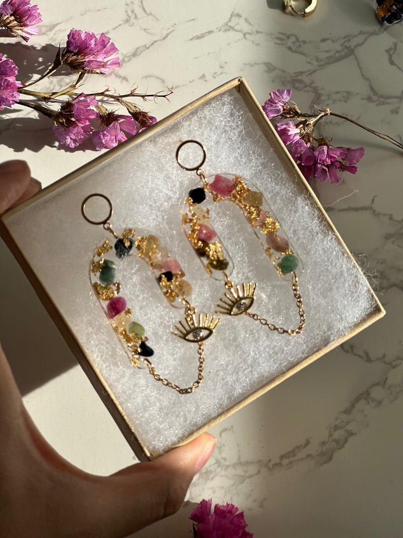 “Goddess of Abundance II” Watermelon Tourmaline Evil Eye Earrings