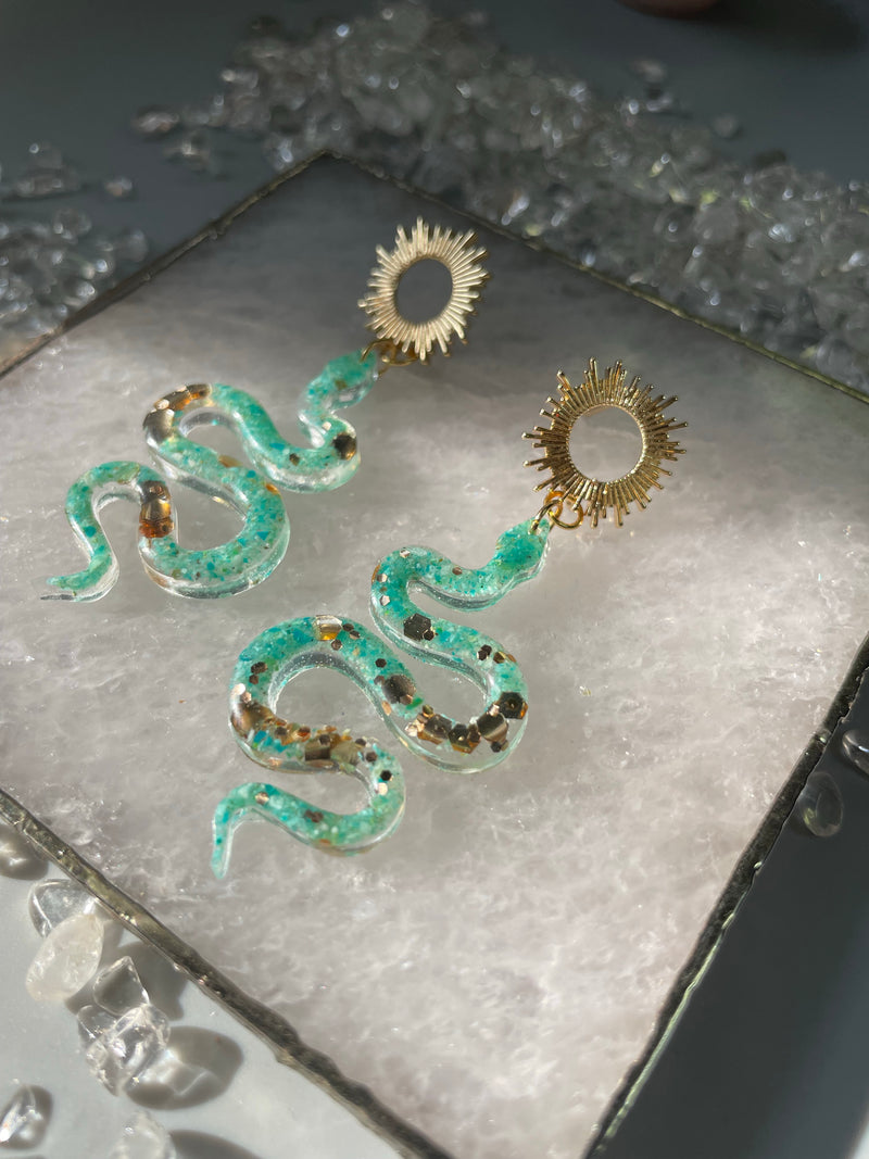 “The Feminine” Chrysocolla Lightweight Snake Sun Earrings