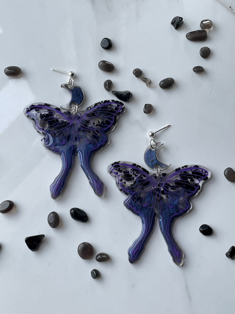 “Lunar Moth” Black Obsidian & Black Tourmaline Earrings