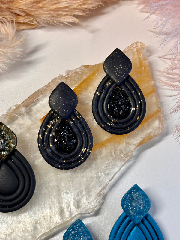 “Droplets” Pyrite , Black Tourmaline, Aquamarine Polymer Clay Studs