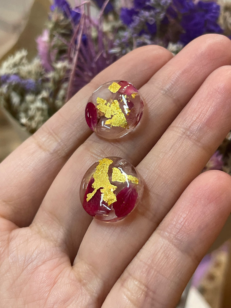 24k Gold Flakes, Roses and Rose Quartz Circle Studs