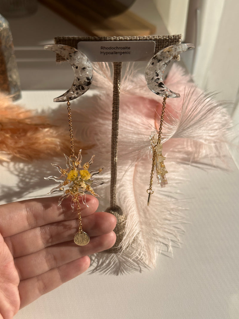 “Celestial Goddess Studs" Moonstone with Dried Flowers Studs