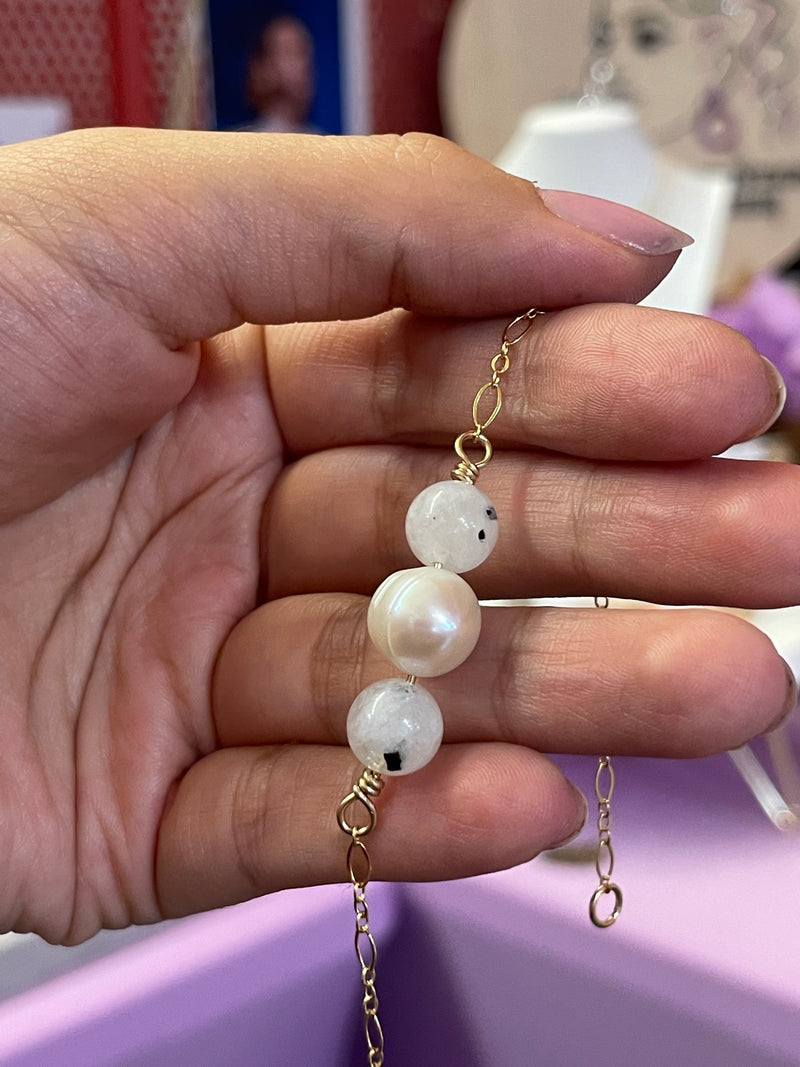 Moonstone and Pearl Gold Filled Adjustable Bracelet