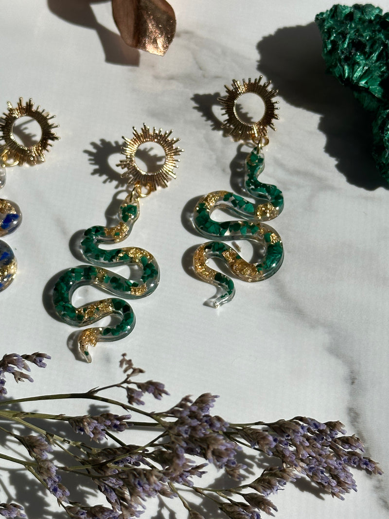 “The Feminine” Sun and Snake Malachite Earrings
