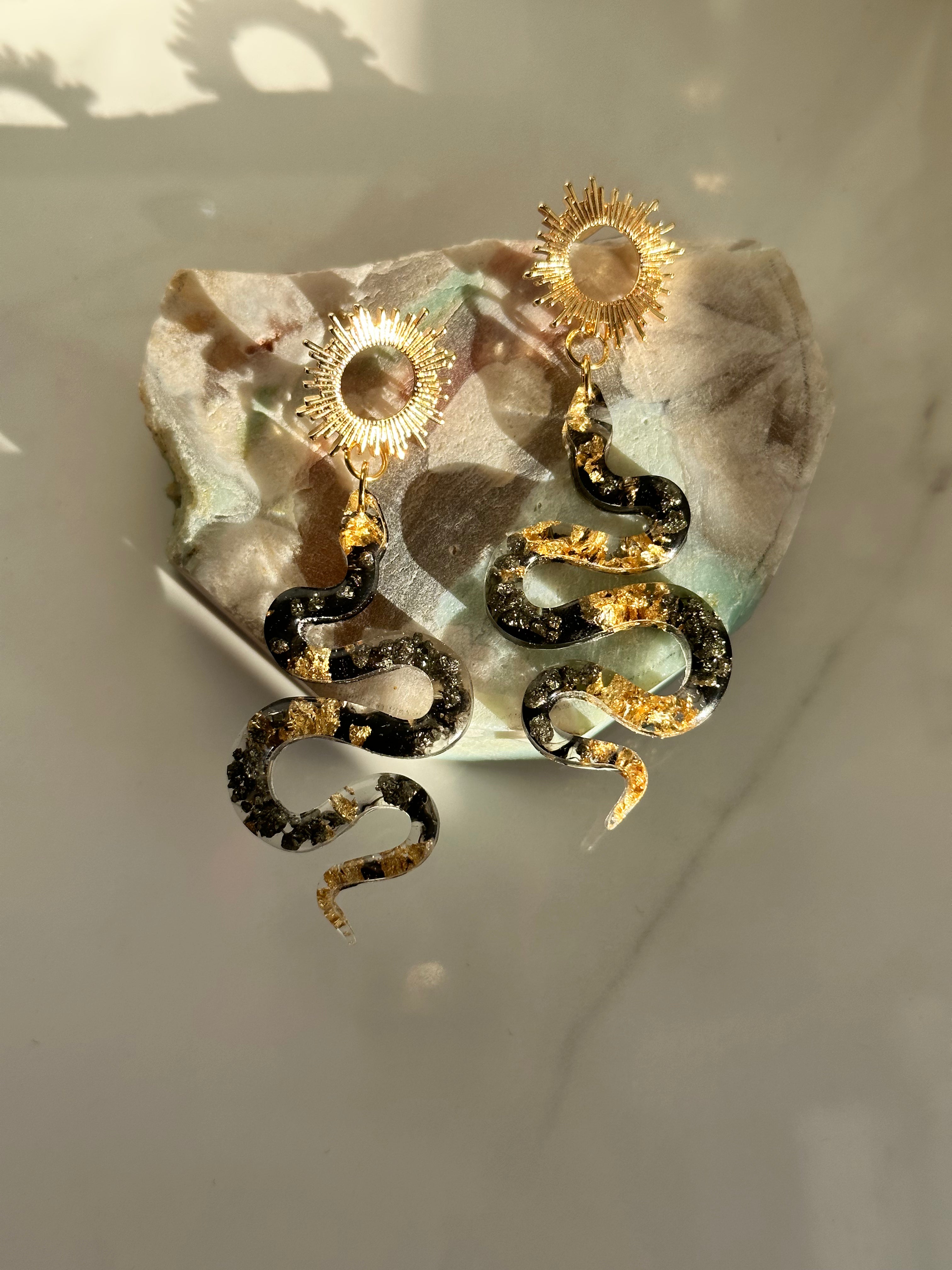 The Intention Goddess - "The Feminine" Pyrite Snake & Sun Earrings