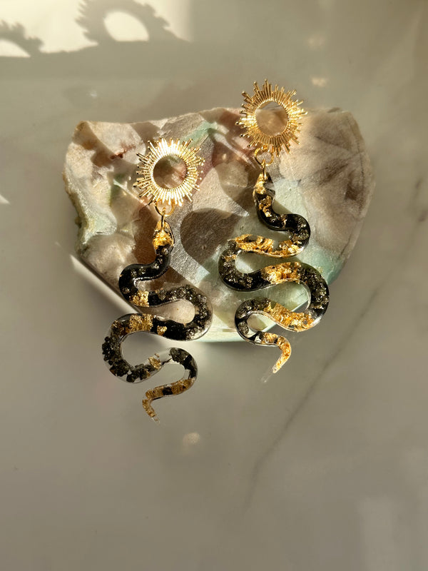 The Intention Goddess - "The Feminine" Pyrite Snake & Sun Earrings