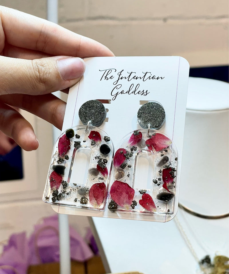 “Goddess of Earth” Pyrite, Black Obsidian and Roses Studs