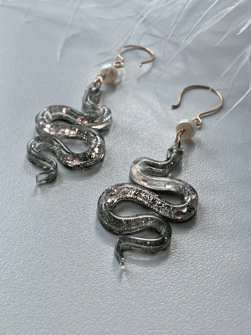 “The Feminine" Pyrite & Pearl 14k Rose Gold Filled Wire Snake Earrings