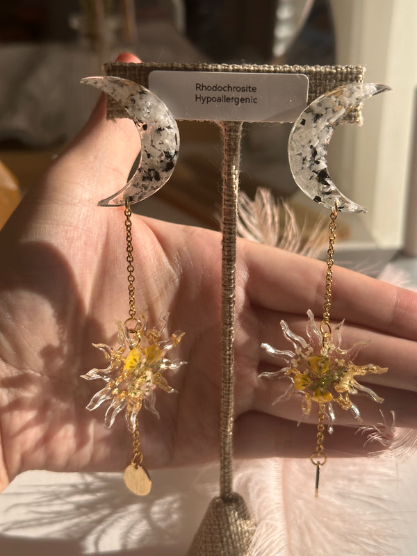 “Celestial Goddess Studs" Moonstone with Dried Flowers Studs
