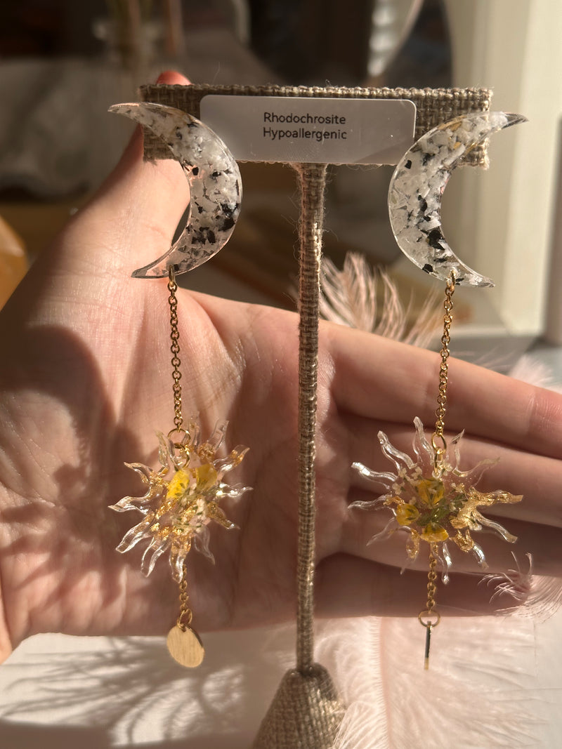 “Celestial Goddess Studs" Moonstone with Dried Flowers Studs