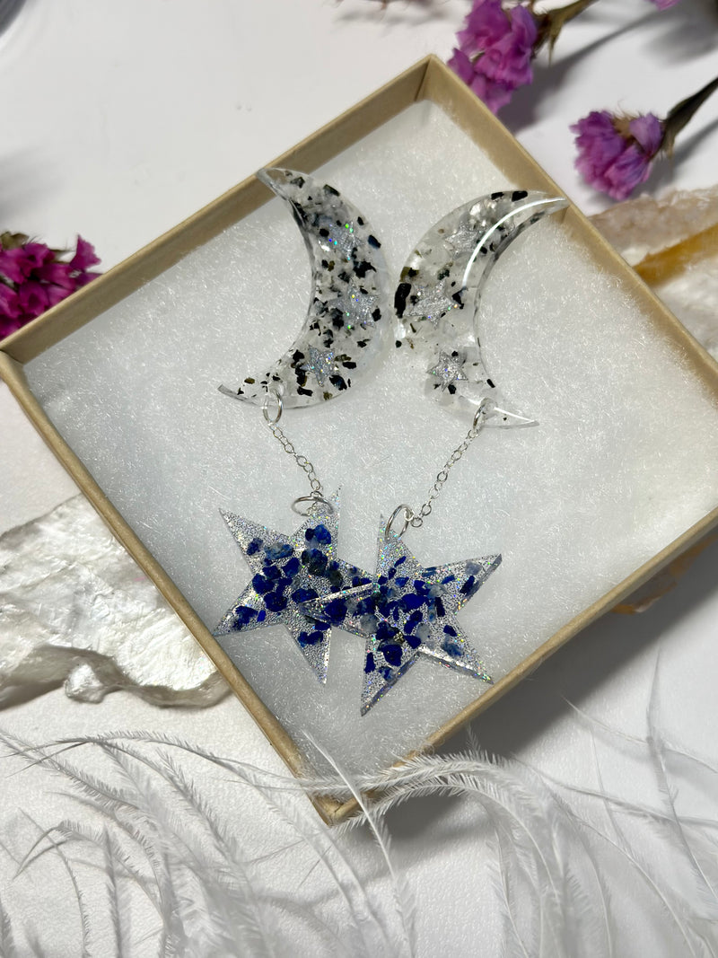 “Celestial Night" Holographic Moonstone & Lapis Lazuli Earrings