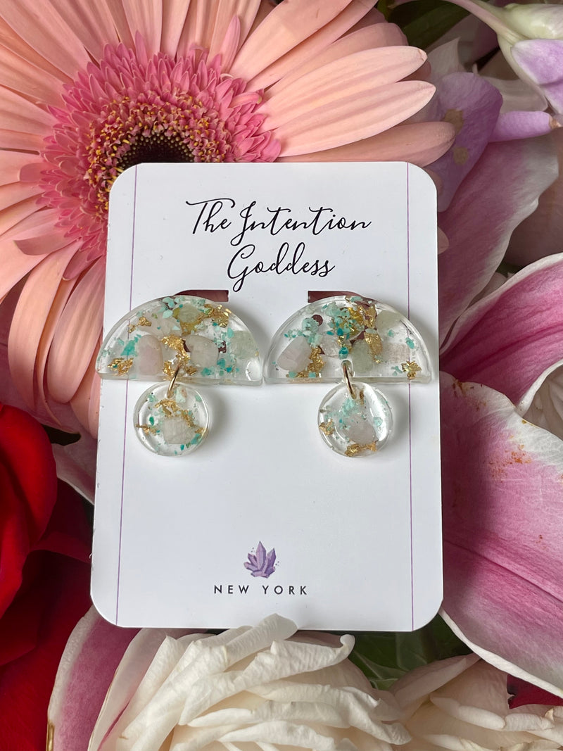 “Heart Chakra Goddess” *with gold flakes* Crystal Earrings