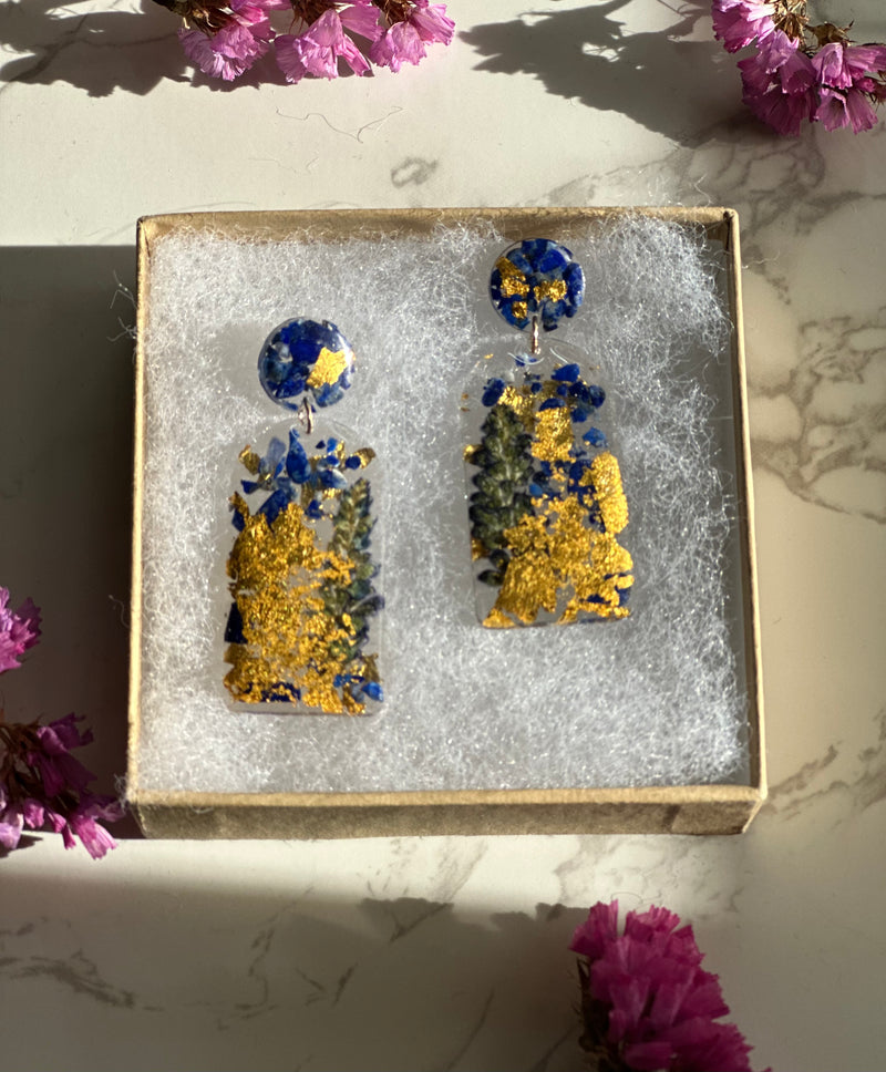 24k Gold Flakes Real Flowers Lapis Lazuli Studs