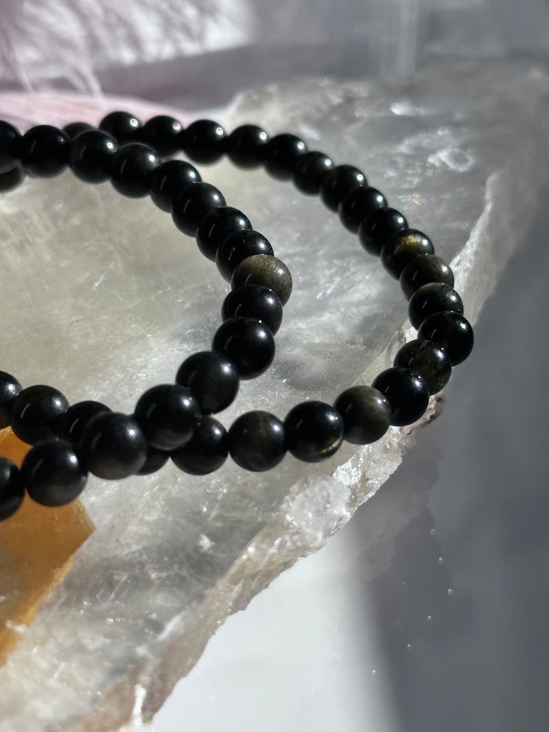 Black obsidian with gold sheen 6mm 7.5” Crystal Healing Elastic Bracelet
