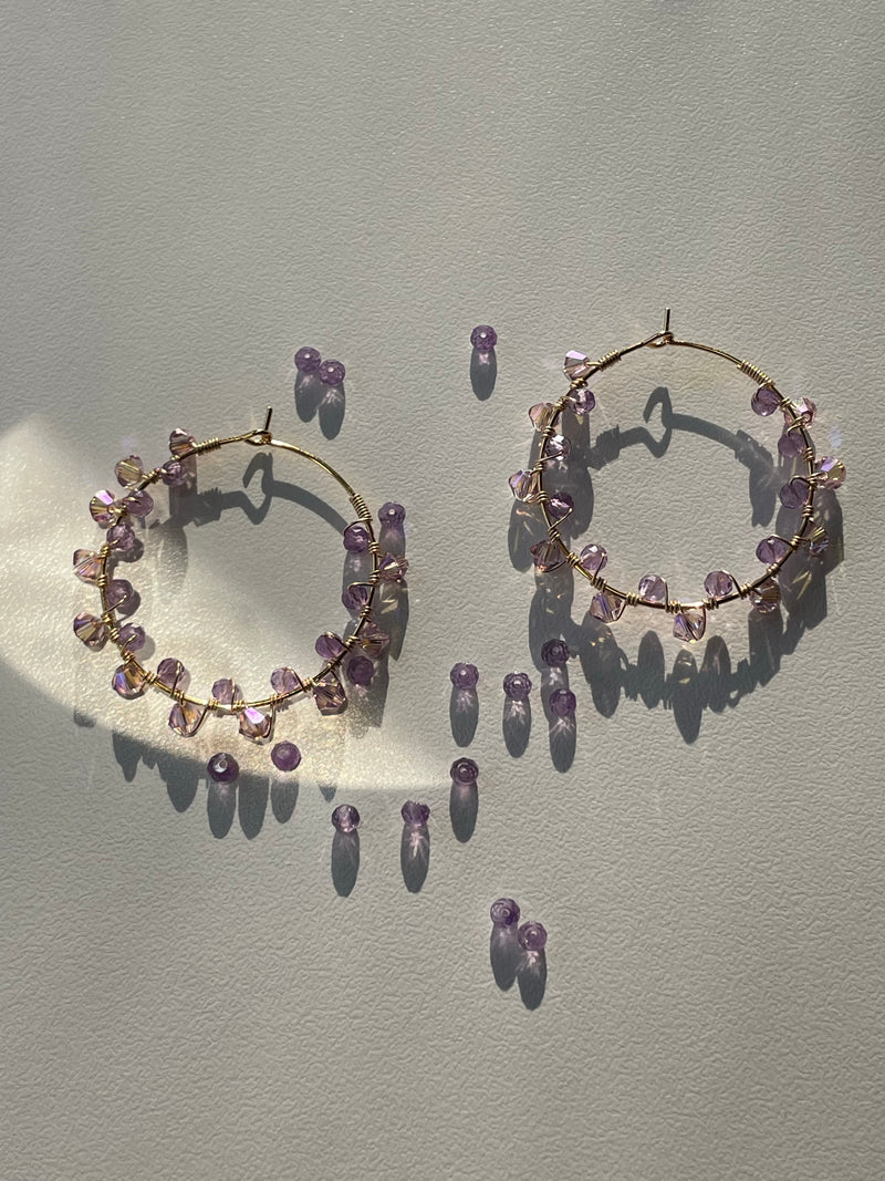 Purple Amethyst with 14k Gold filled wire wrap - Stainless Steel Hoops