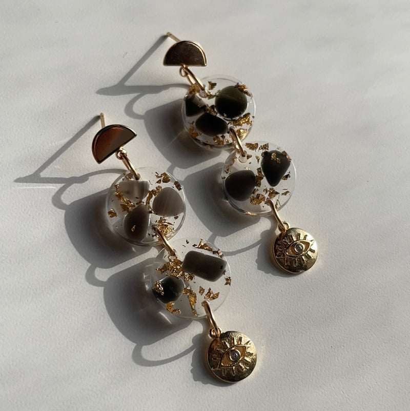 “Compassion Goddess” Black Obsidian with Gold Eye Charm Earrings