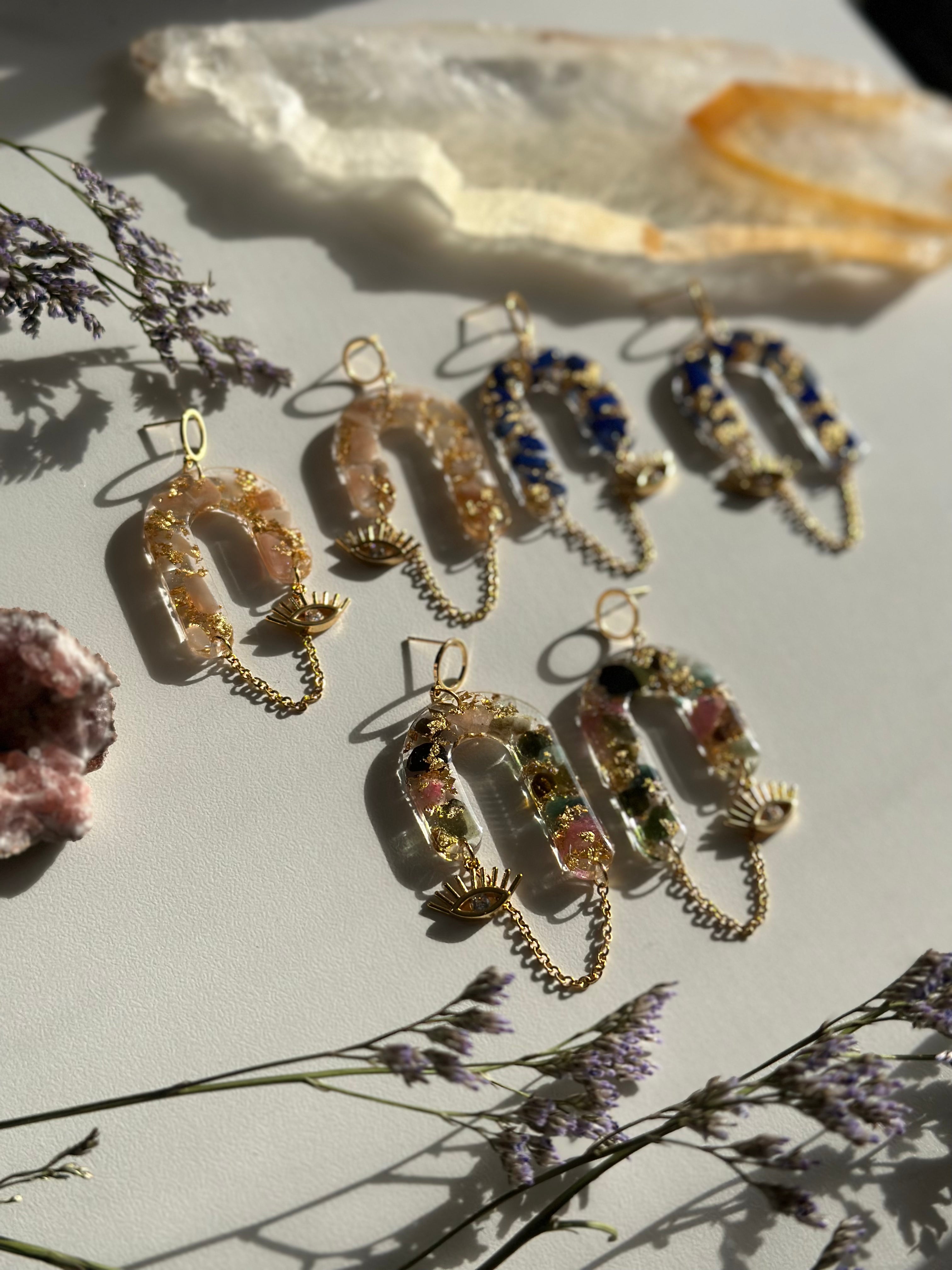 “Goddess of Abundance II" Peach Moonstone Evil Eye Earrings