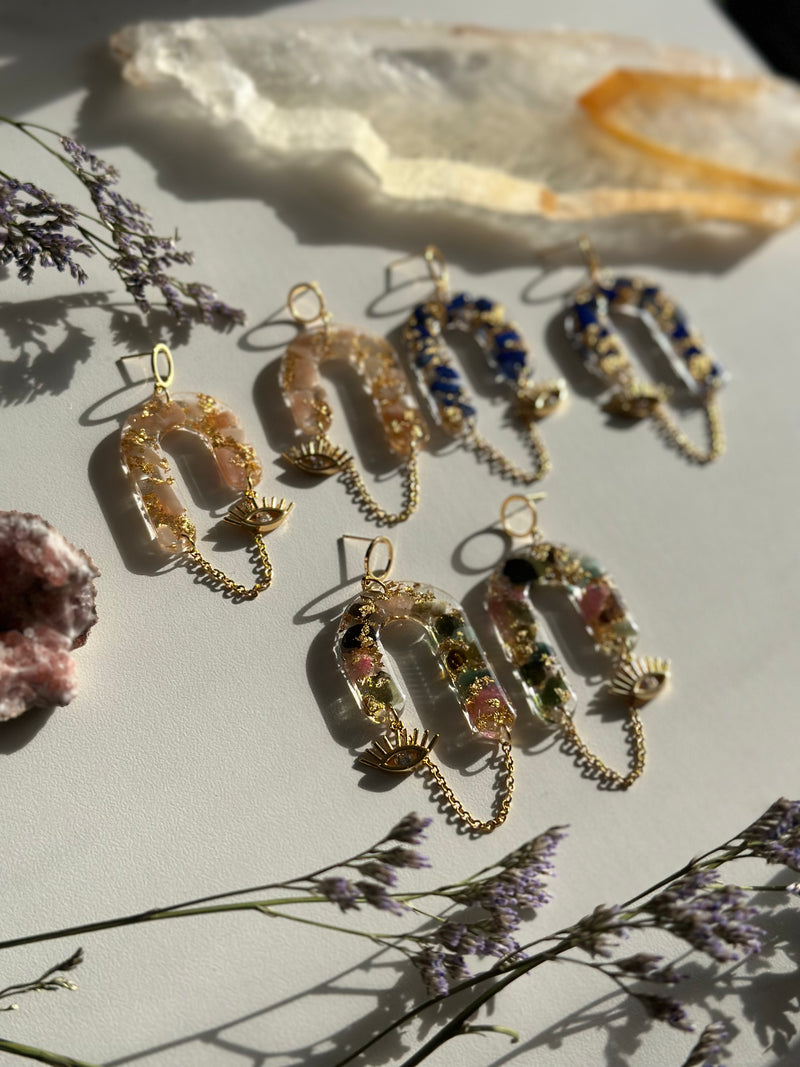 “Goddess of Abundance II" Peach Moonstone Evil Eye Earrings