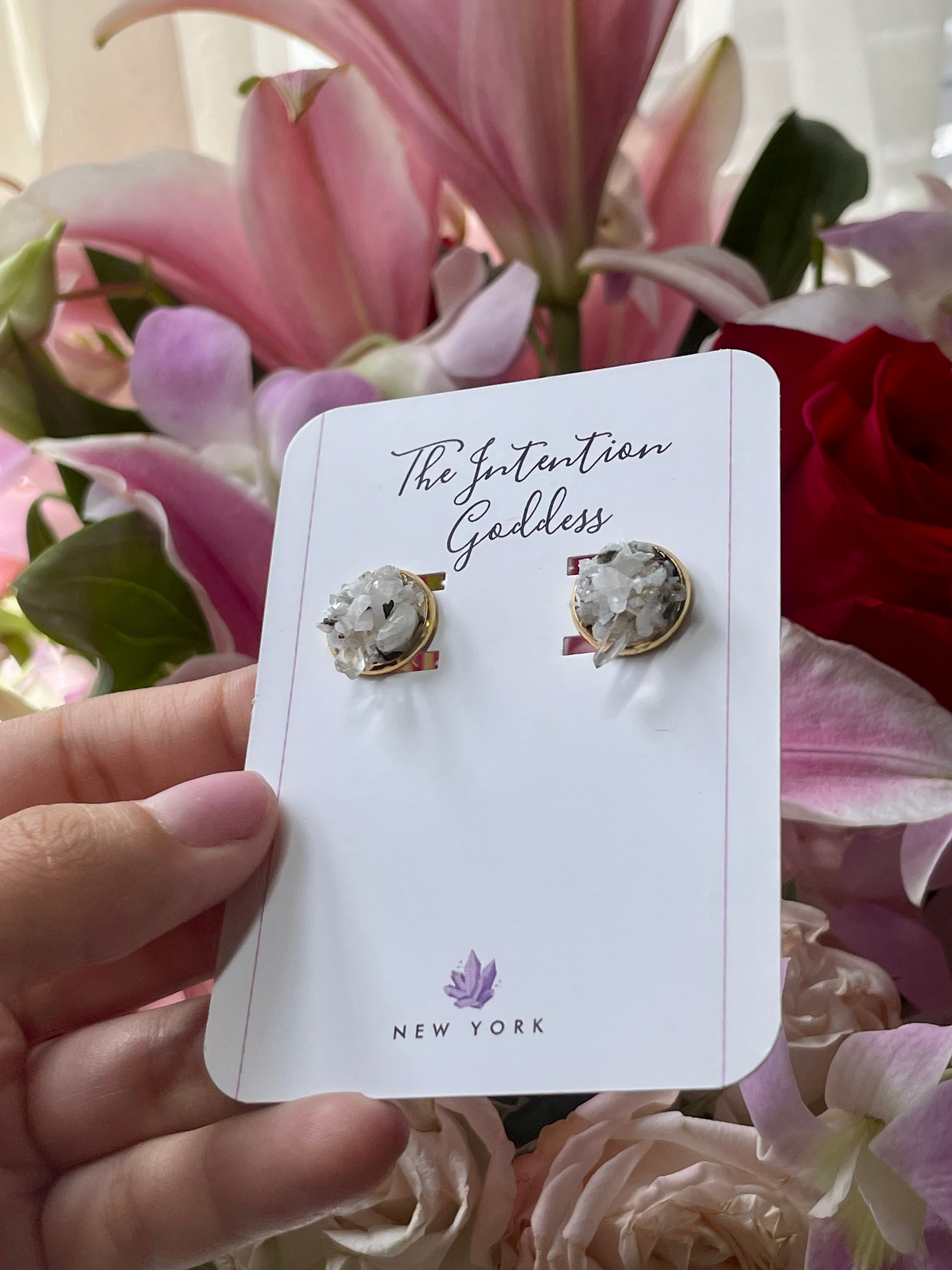 “Rawness" Moonstone & Clear Quartz Gold Stainless Steel Studs