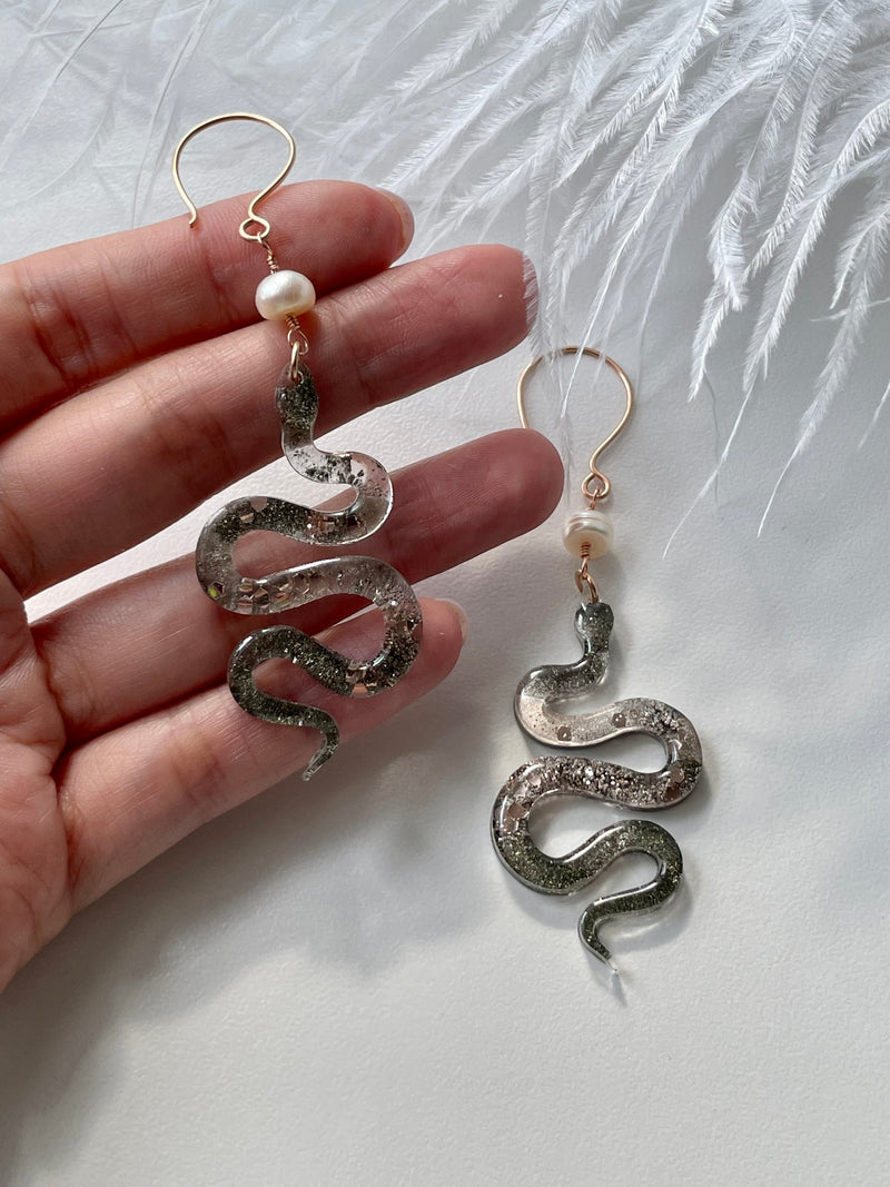 “The Feminine" Pyrite & Pearl 14k Rose Gold Filled Wire Snake Earrings