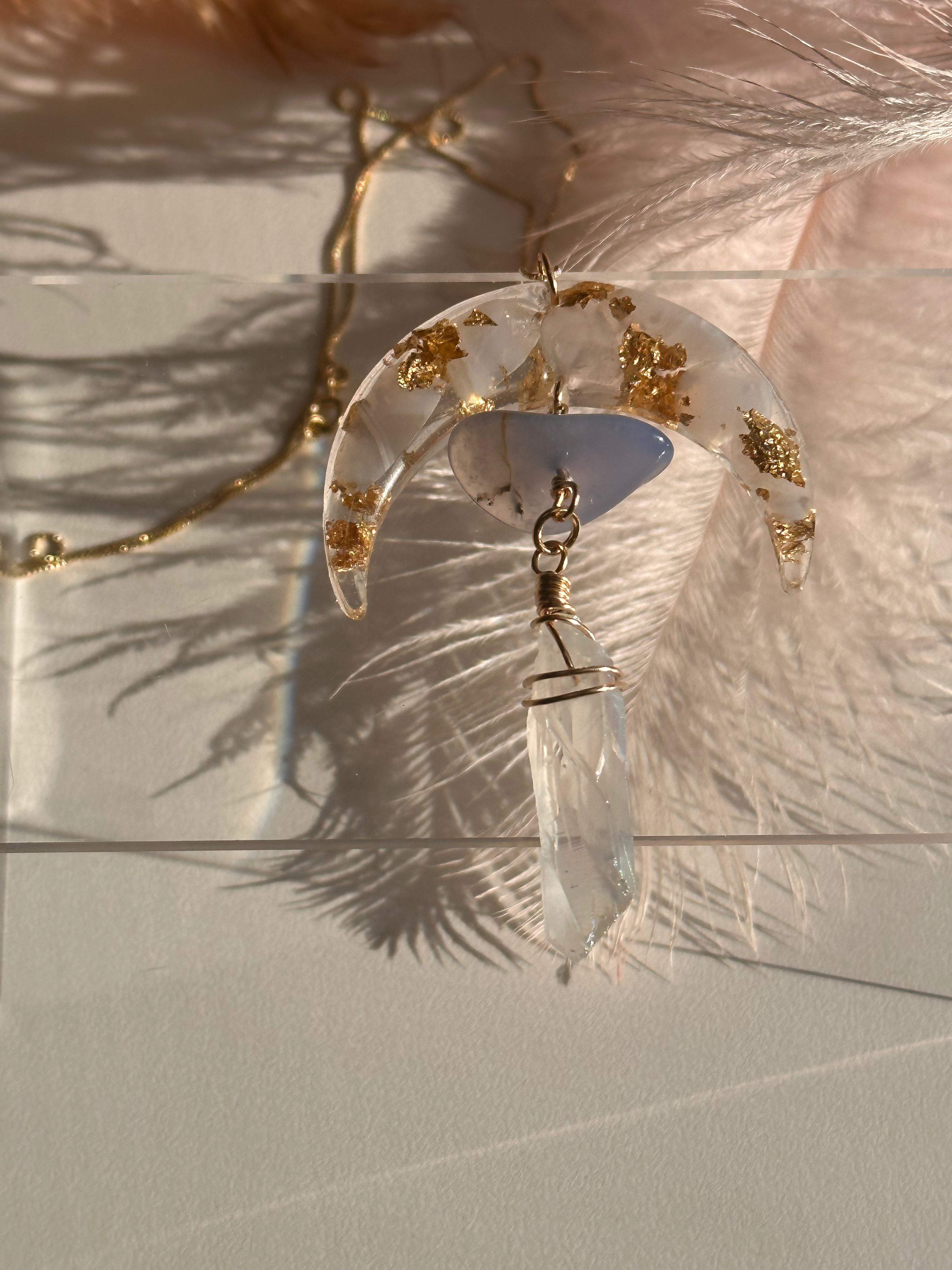 “Crescent Moon” Blue Lace Agate, Blue Chalcedony, Aura Quartz Water Resistant Necklace