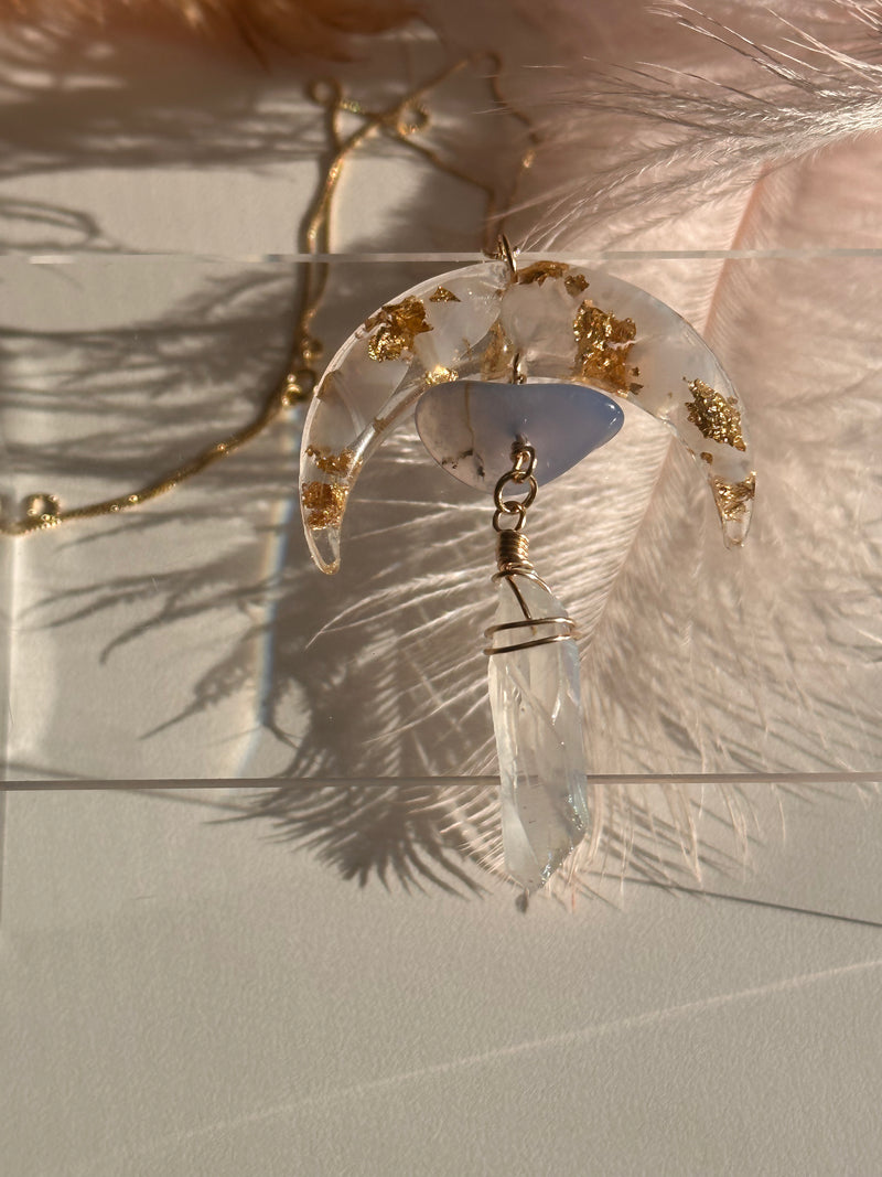 “Crescent Moon” Blue Lace Agate, Blue Chalcedony, Aura Quartz Water Resistant Necklace