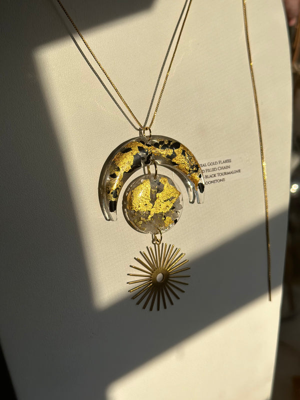 "Balanced Goddess" Real 24k Gold flakes, Shungite, Black Tourmaline and Moonstone & Moonstone and Selenite Gold Filled Necklaces