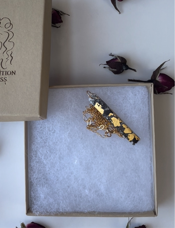 "Bar of Gold” 24k Gold Flakes, Pyrite, Black Obsidian Necklace