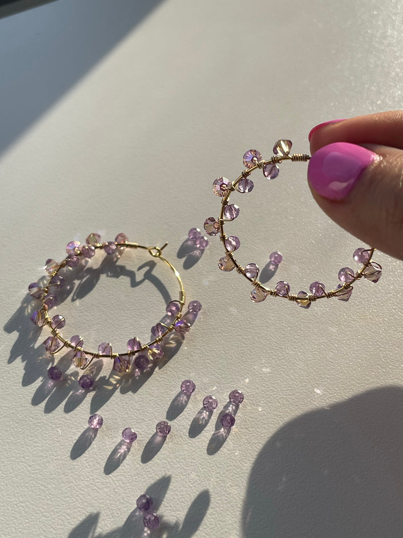 Purple Amethyst with 14k Gold filled wire wrap - Stainless Steel Hoops