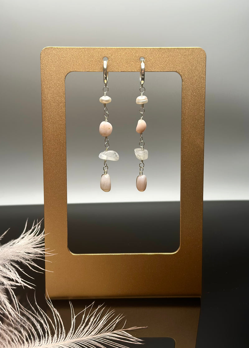 The Silver Drop Moonstone, Pink Opal & Pearl Sterling Silver Huggies