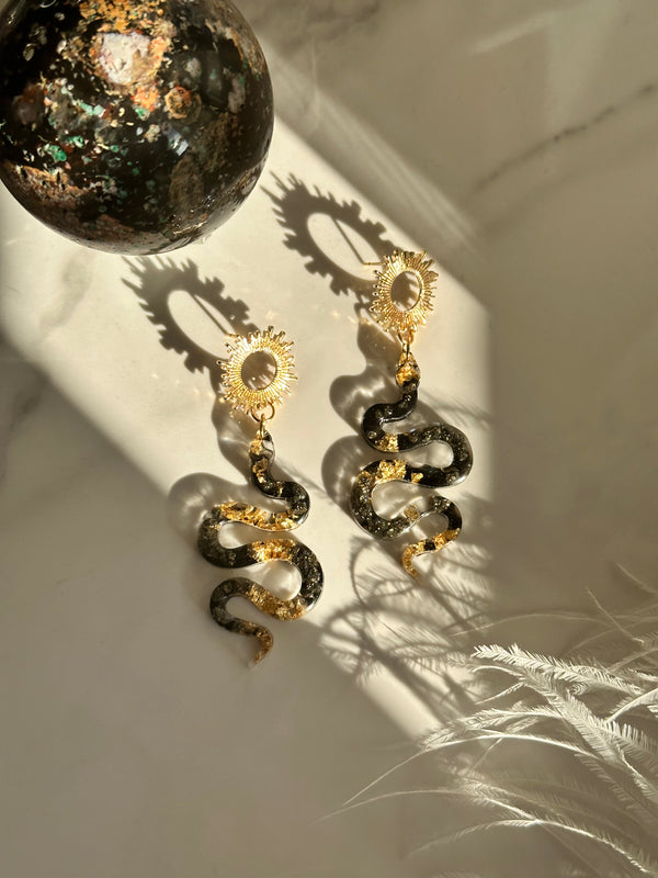 "The Feminine" Pyrite Snake & Sun Earrings