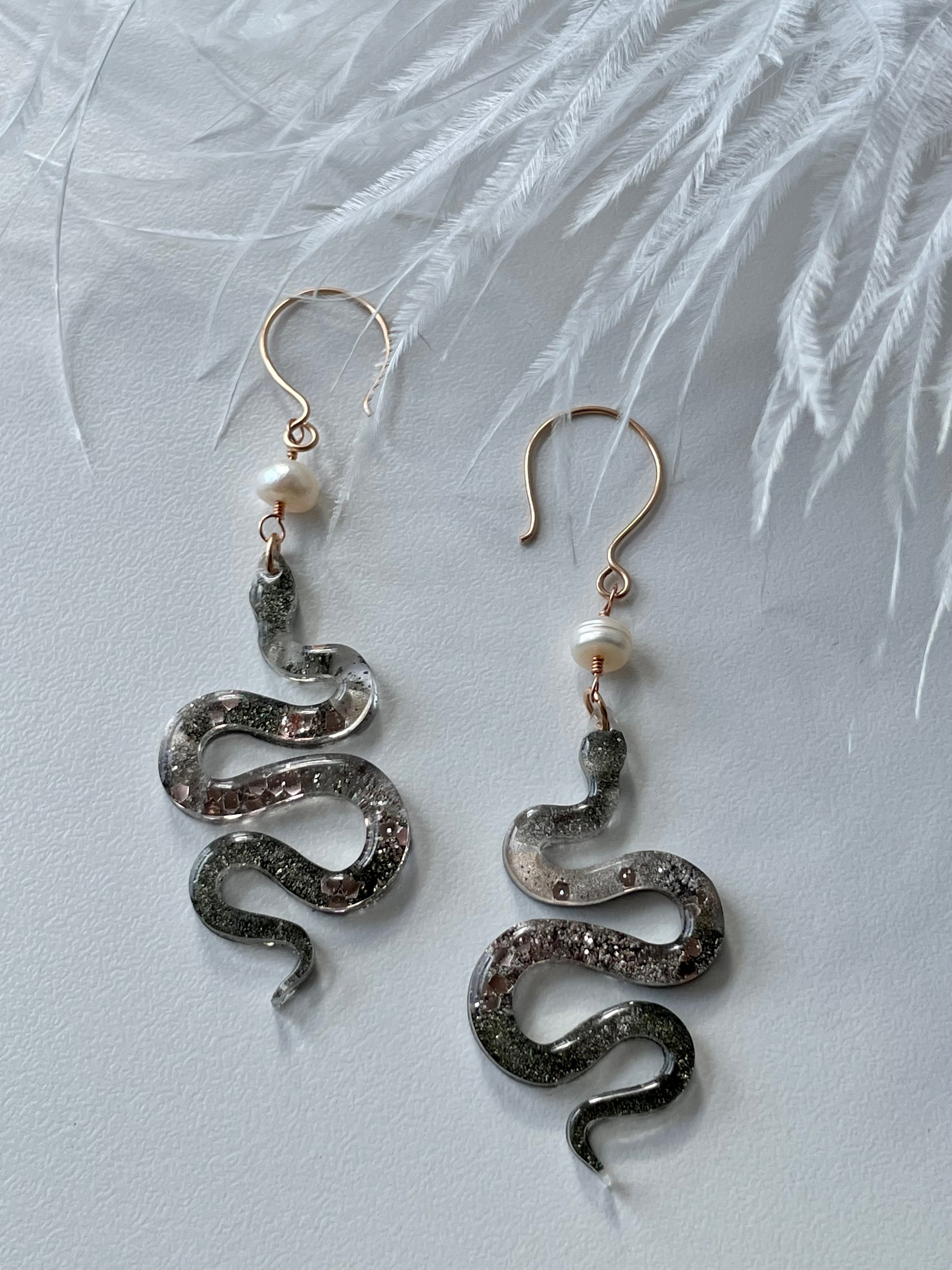 “The Feminine" Pyrite & Pearl 14k Rose Gold Filled Wire Snake Earrings
