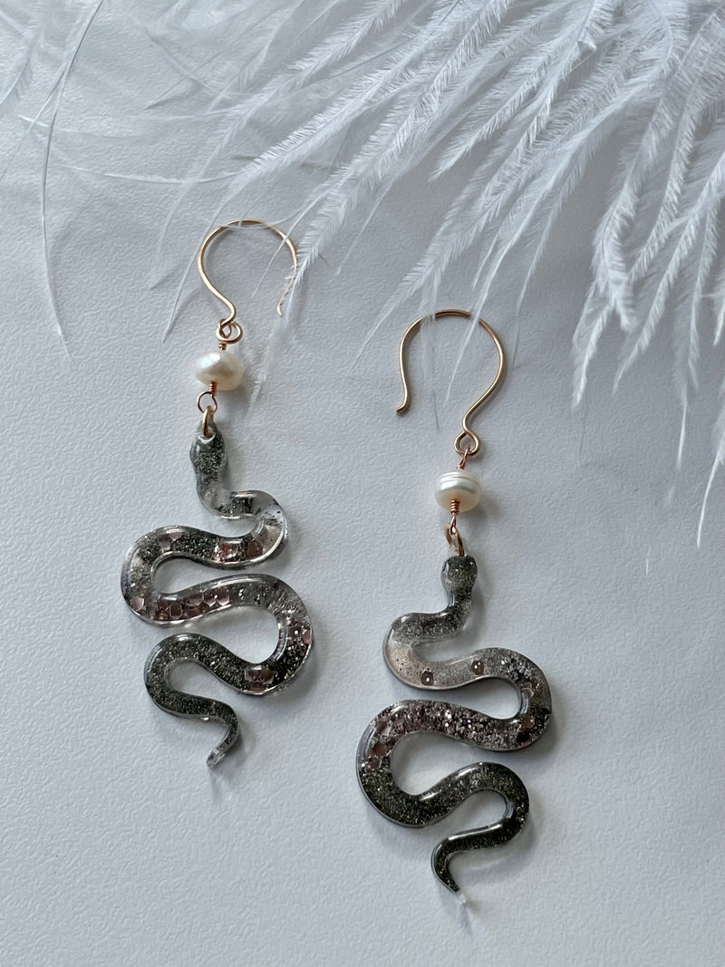 “The Feminine" Pyrite & Pearl 14k Rose Gold Filled Wire Snake Earrings